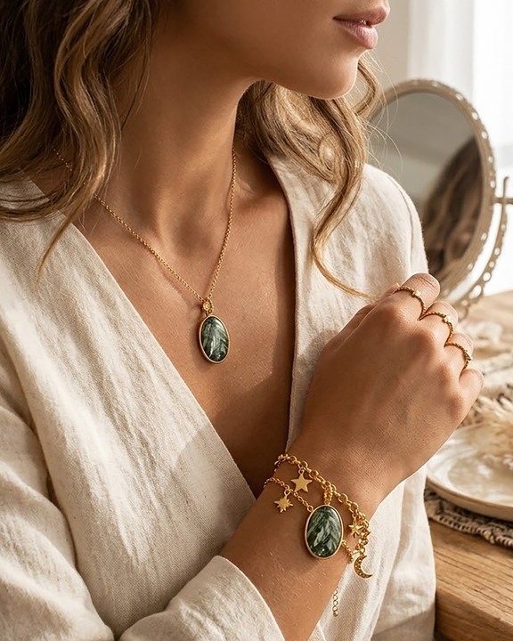 Green Marbled Stone Oval Gold Charm