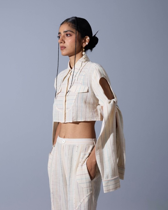 Cropped Tie-Up Sleeves Shirt in Linen