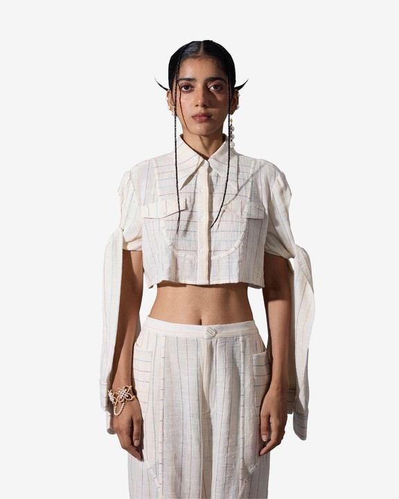 Cropped Tie-Up Sleeves Shirt in Linen