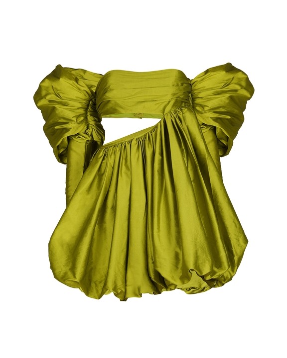 Green Taffeta Puff Sleeve Dress
