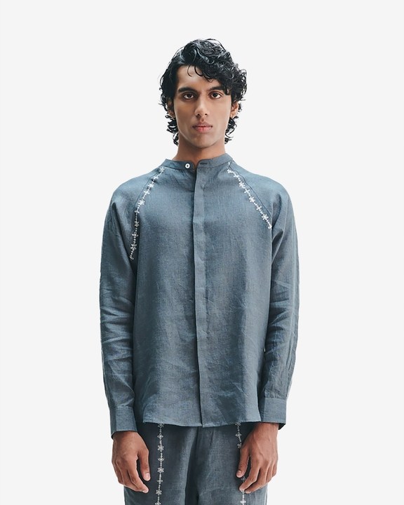 Slate Linen Embroidered Men's Raglan Shirt