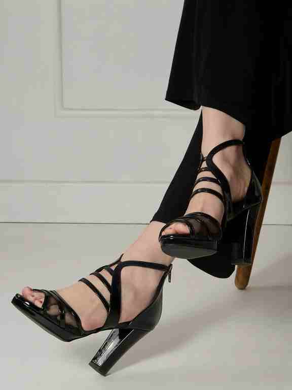 Womens Black Party Wear Striped Platform Heel Sandals