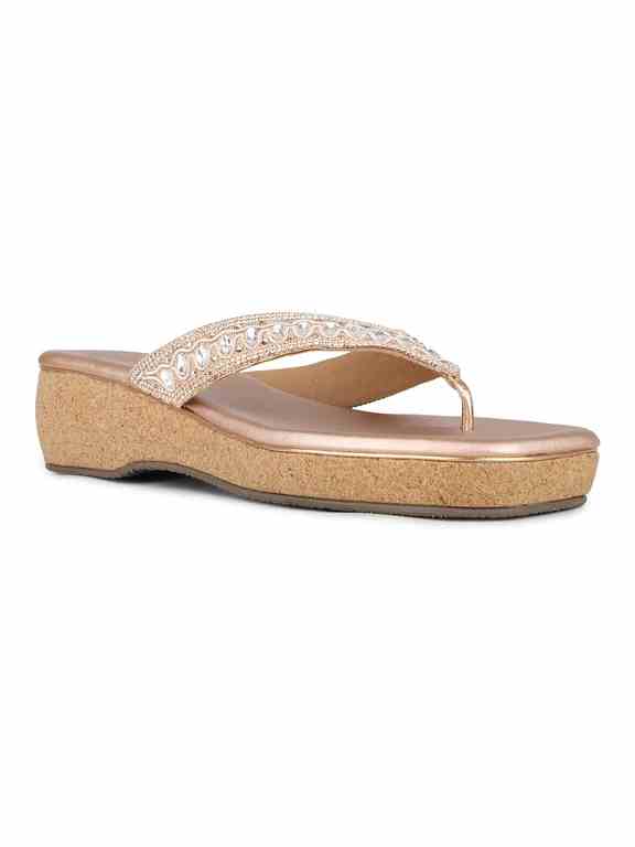 Women Rose Gold Casual Embellished Round Toe Wedge Heel Sandals