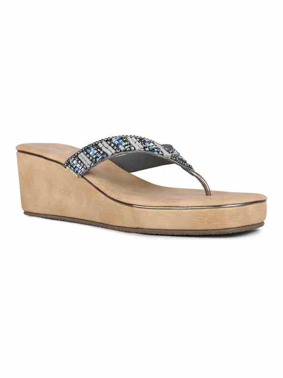 Women Pewter Party Wear Embellished Round Toe Wedge Heel Sandals