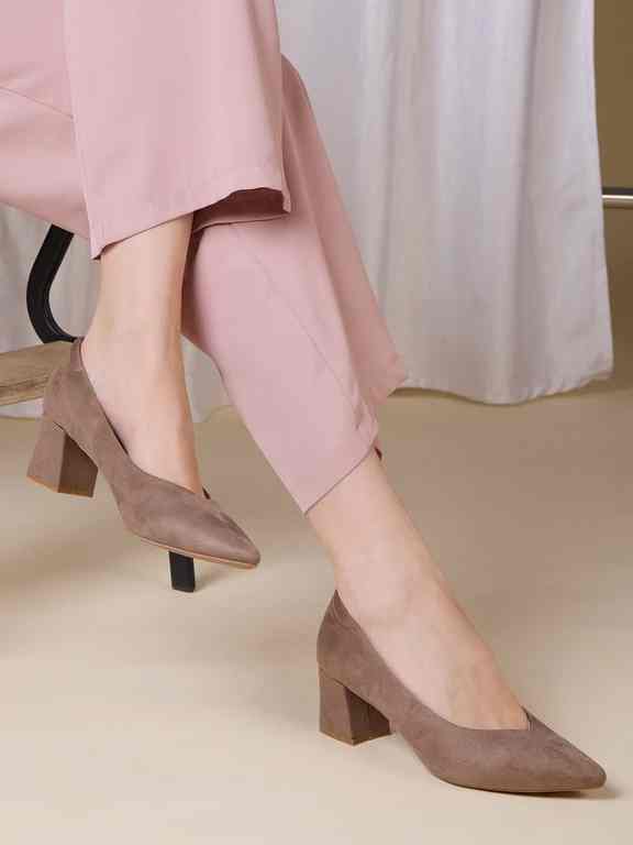 Women Beige Party Wear Solid Pointed Toe Block Heel Pump Shoes