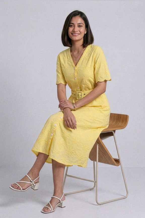 Embroidered V-Neck Cotton Women's Dress