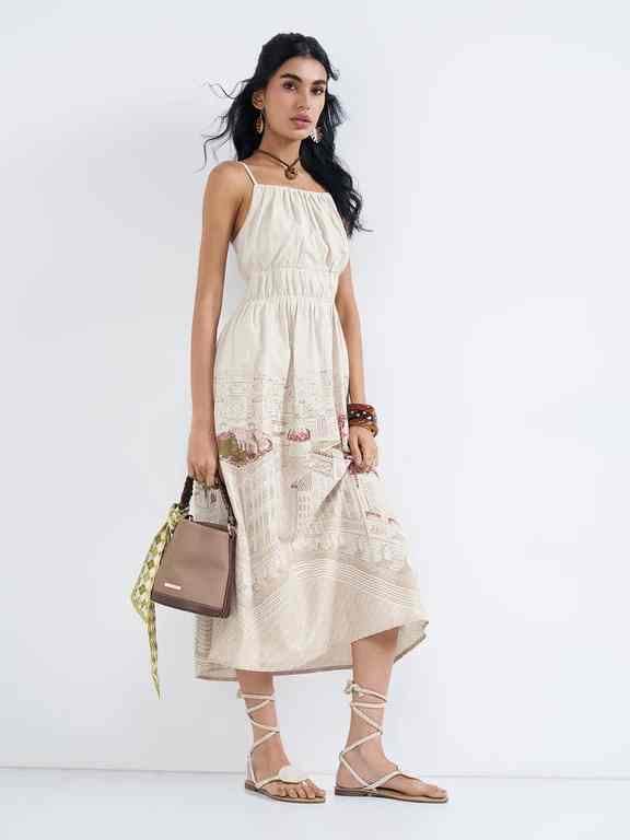 Ecru Scenic Print Midi Dress
