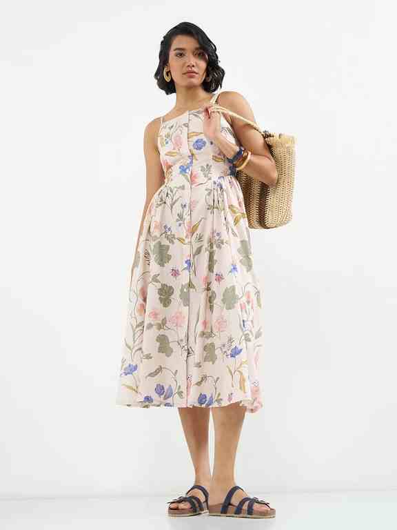 Ecru Floral Print Strappy Dress