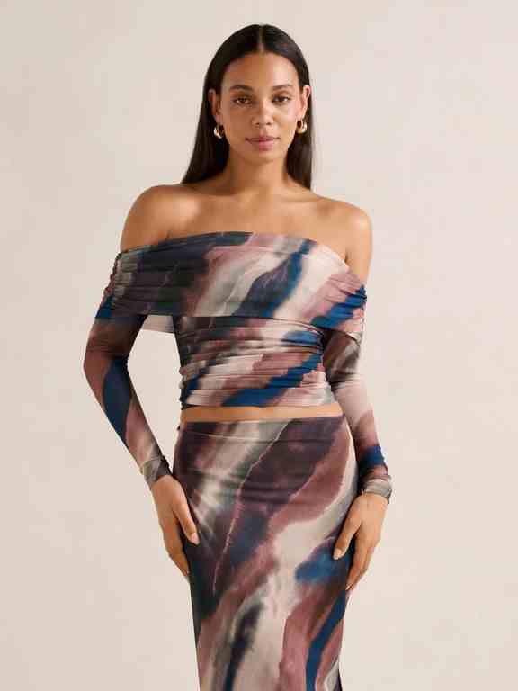 Kaia Ruched Mesh Bardot Top