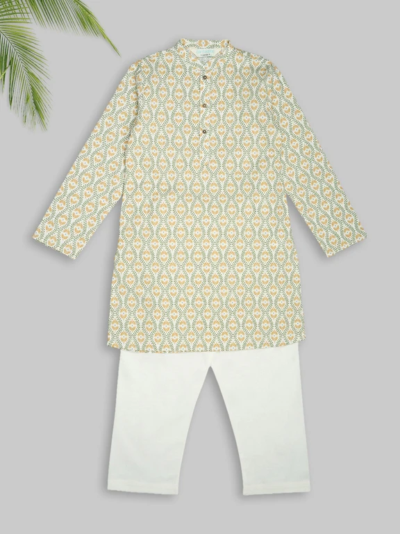 Off-White Floral Vine Print Kurta & Pants Set