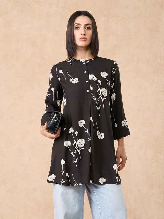 Black Floral Print Relaxed Fit Tunic