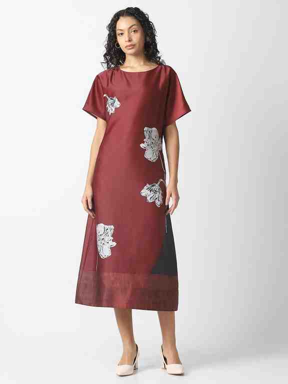 Women Maroon Print Calf-Length Party Dress