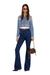 Blue Cropped satin shirt with trompe-l’oeil denim print