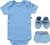 Blue Romper/Onesie+Blue Bootie+Mitten Set