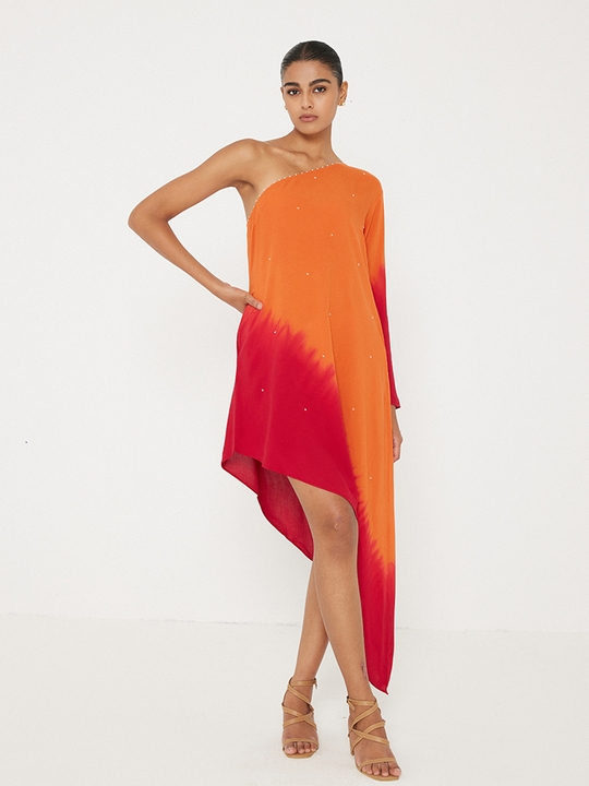 Off Shoulder Asymmetric Ombre Dress