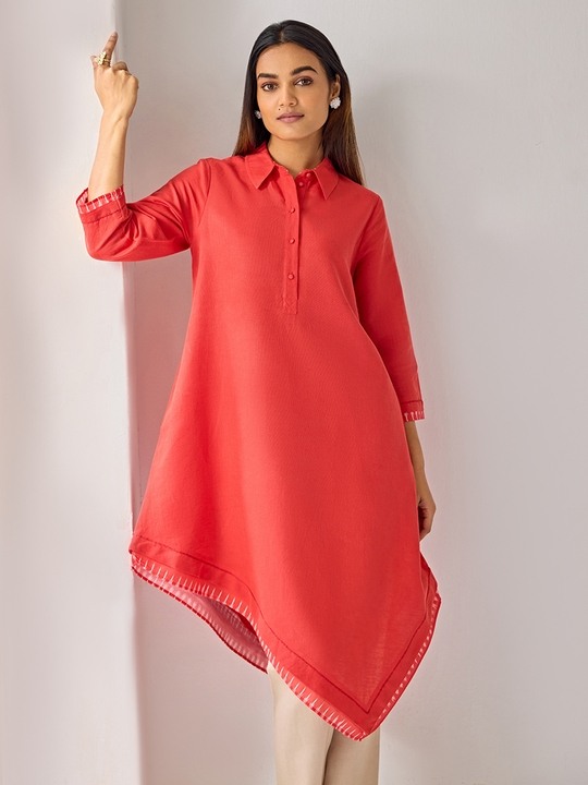 Asymetric Red Linen Kurta