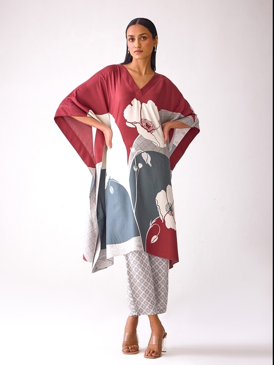 Floral Printed V Neck Kaftan