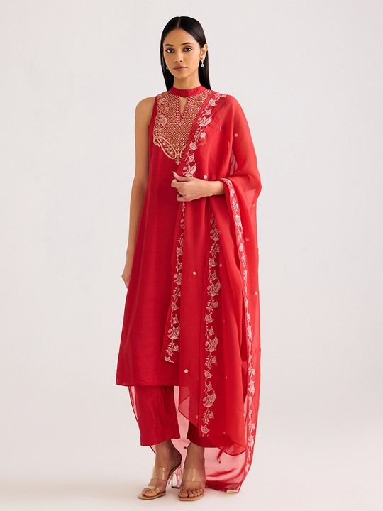 Red Embroidered  A-line kurta