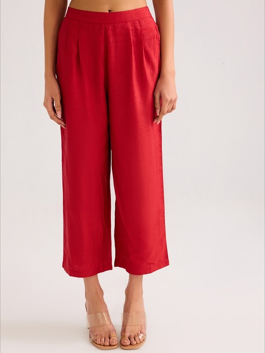 Red Solid Straight Trouser