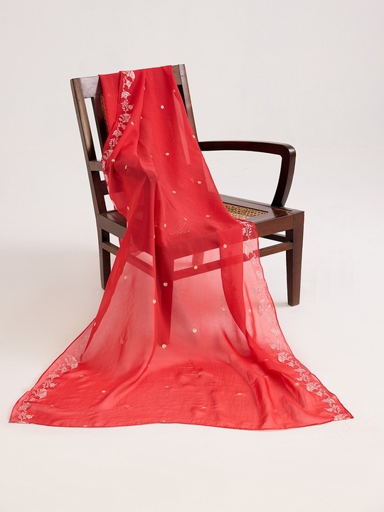 Red Organza Drape with Embroidery