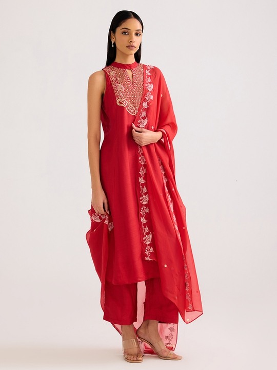 Red Organza Drape with Embroidery