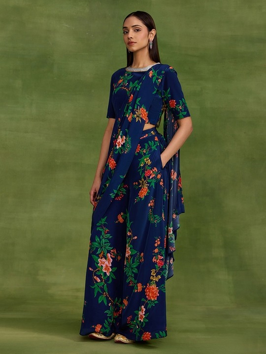 Chinoiserie Blue Pre Drape Saree