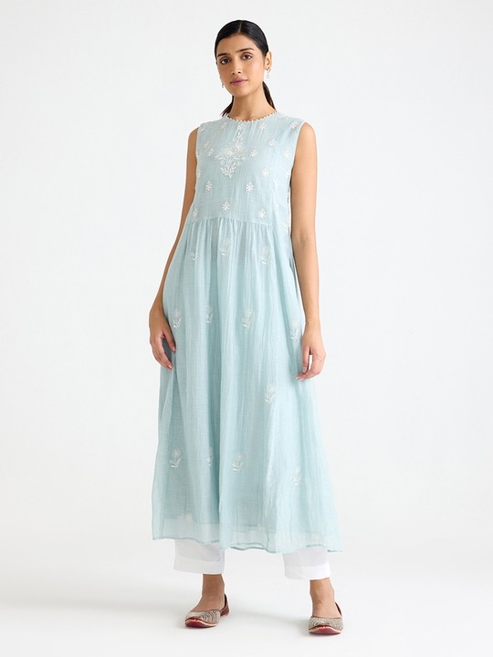 Blue Sleeveless Chikankari Kurta Dress