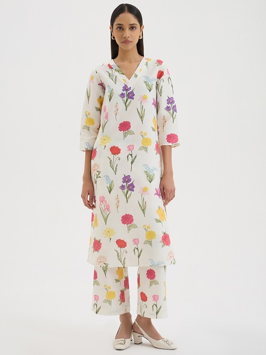 White Linen Floral Straight Trouser