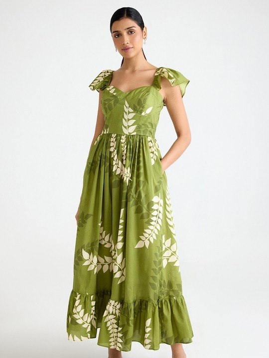 Green Printed Flared Dress