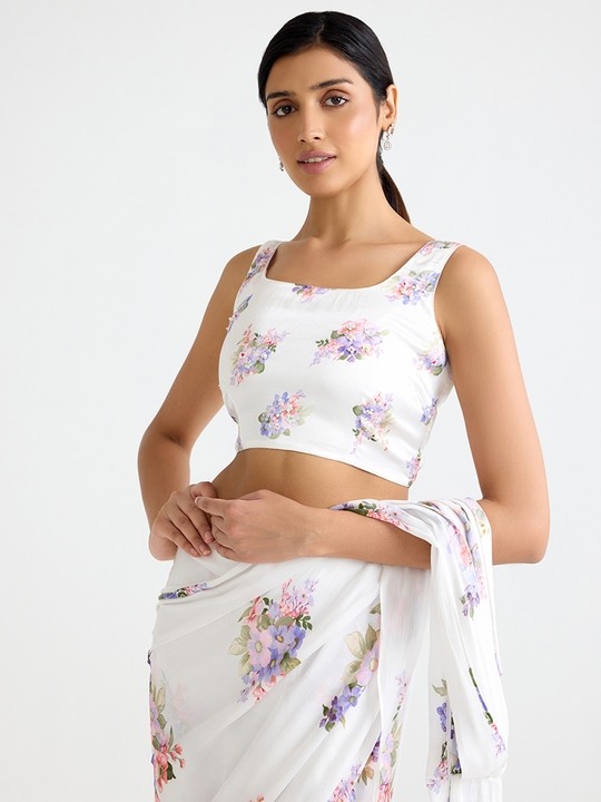 White Printed Blouse Top