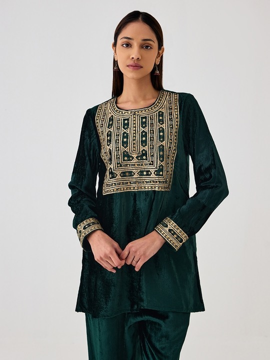 Green Velvet Short Kurta
