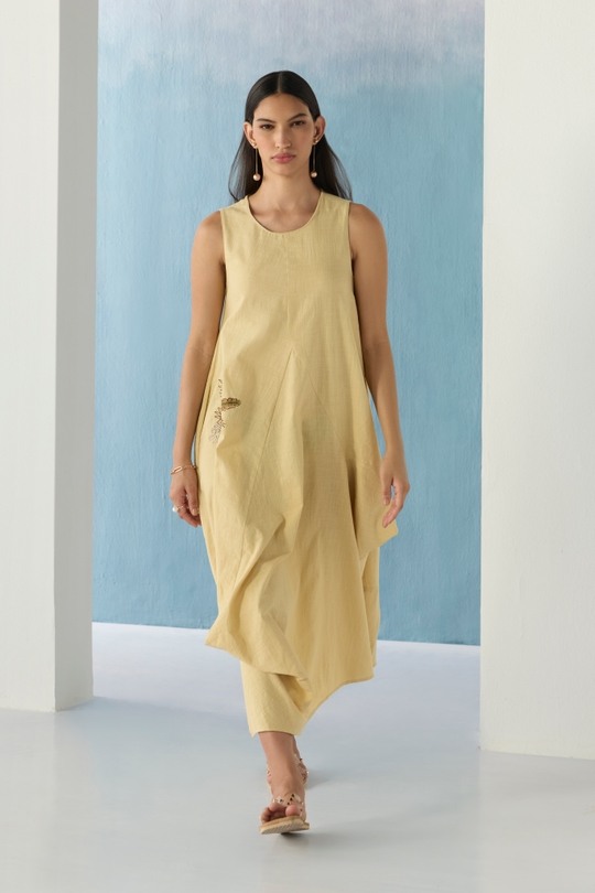 beige flared dress