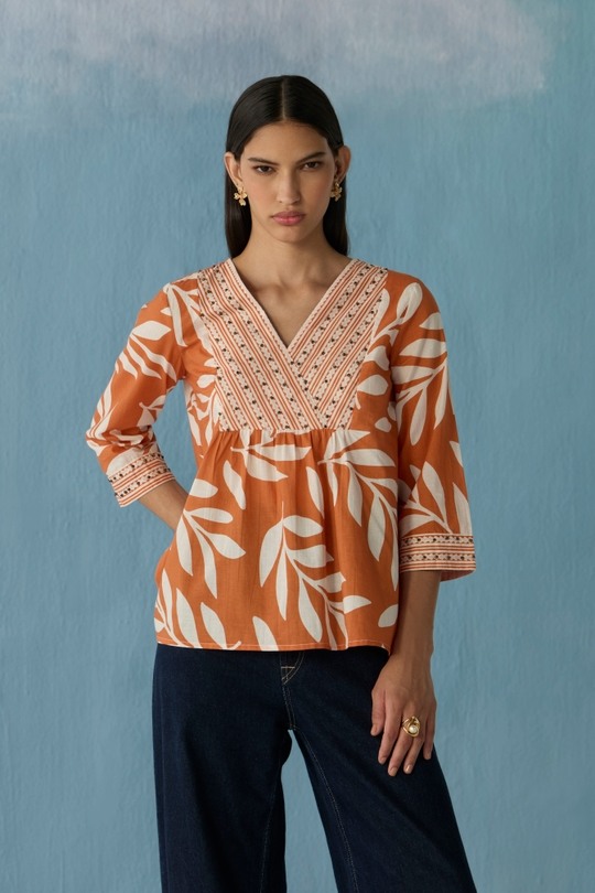 Burnt Orange Stencil Leaf Top