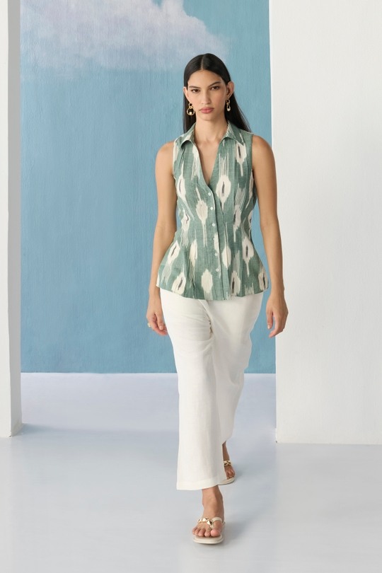 Soft safe collared ikat top