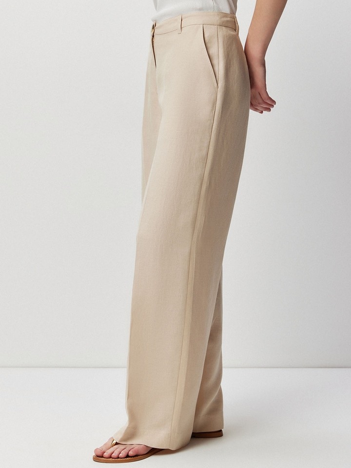 Beige Linen Flared Trouser
