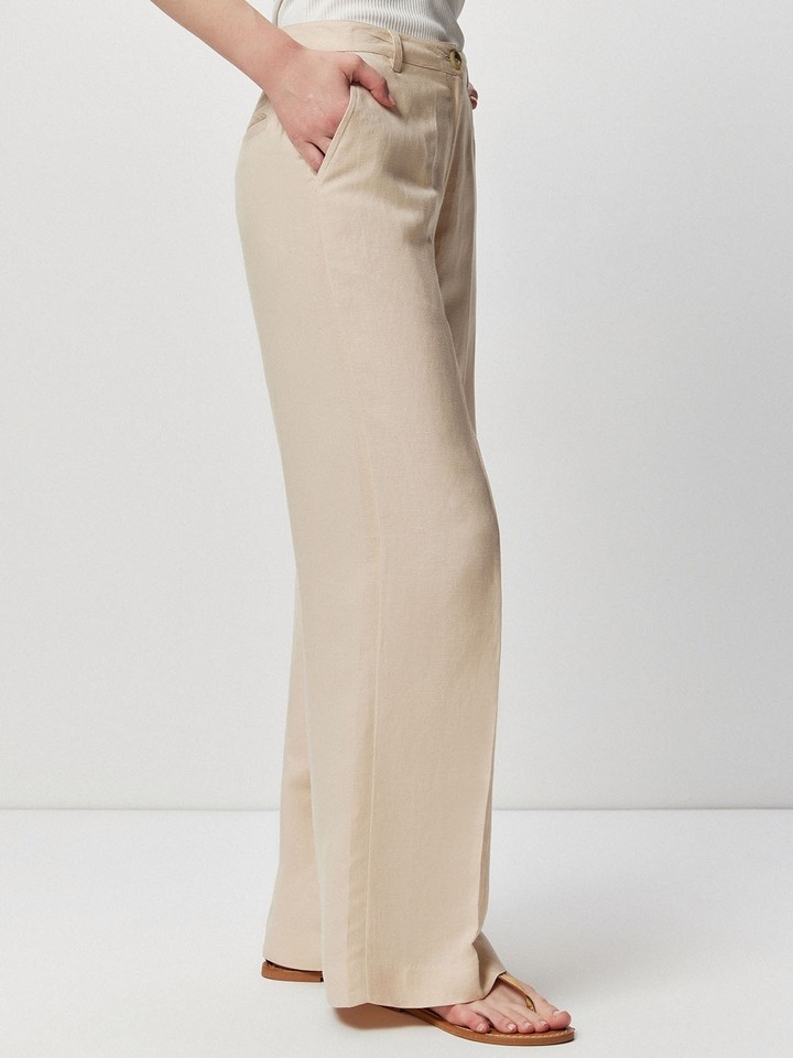 Beige Linen Flared Trouser
