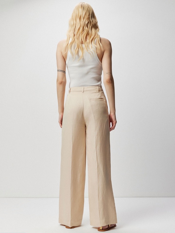 Beige Linen Flared Trouser