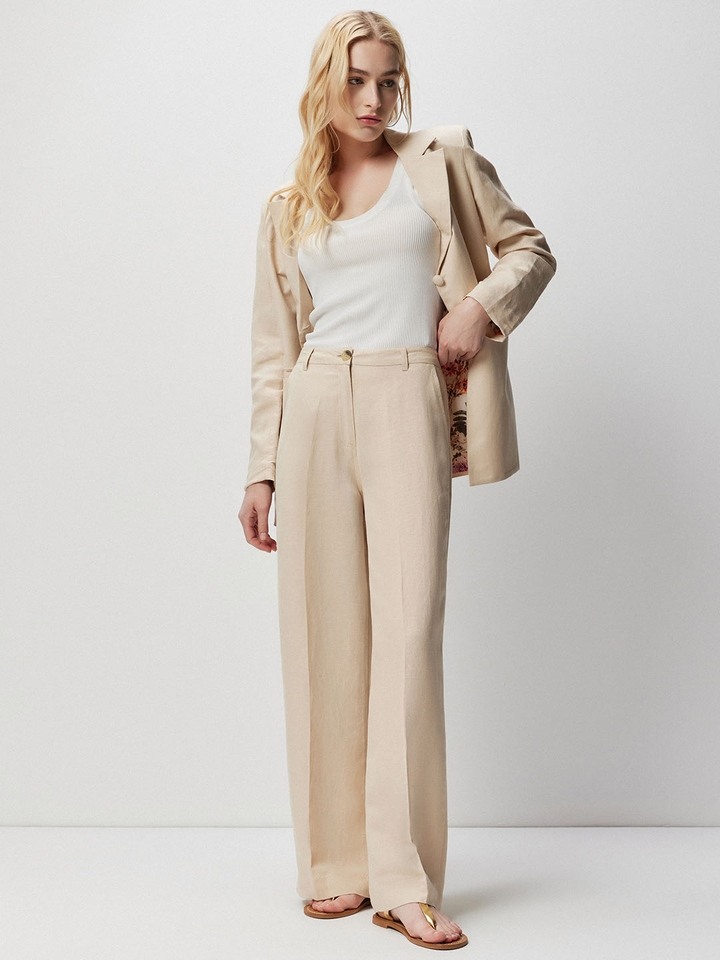 Beige Linen Flared Trouser