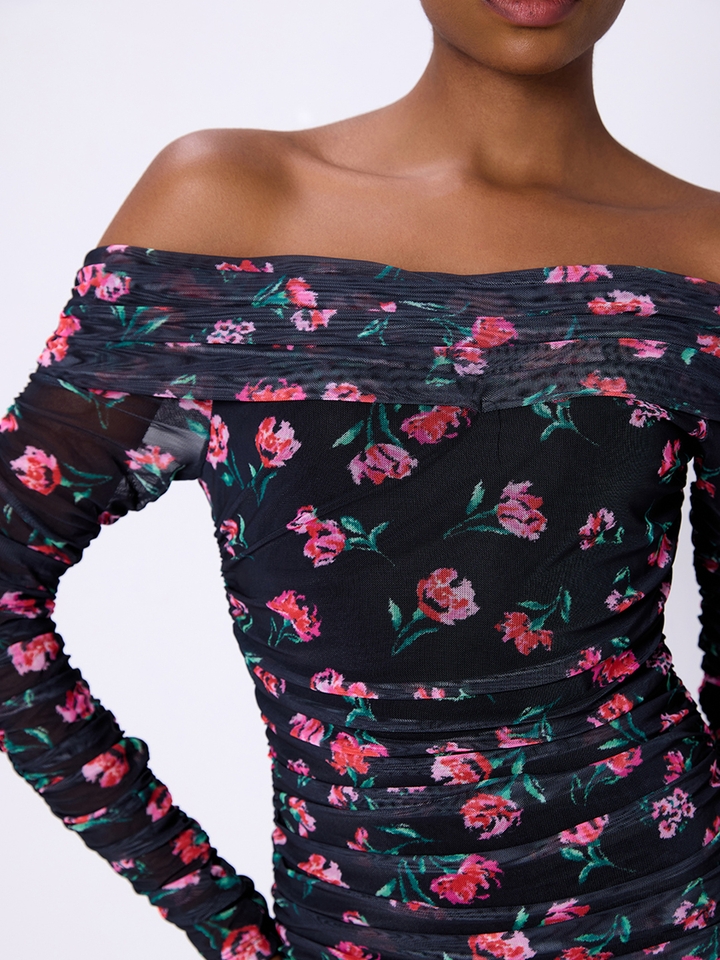 Ruched Mesh Bardot Bodycon Dress