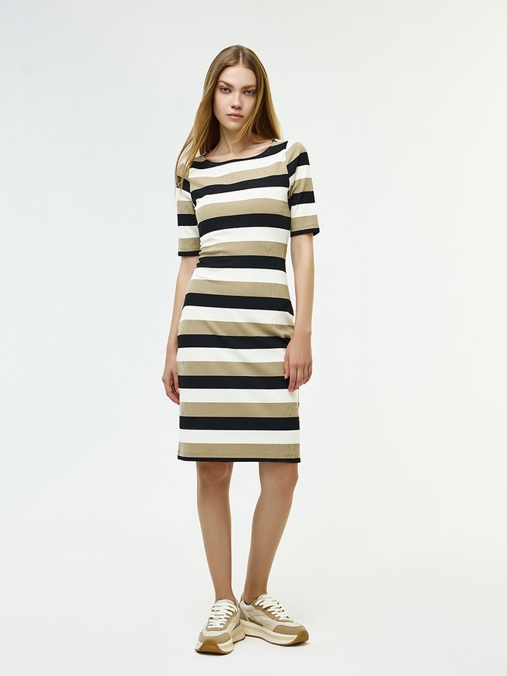 Beige white multi stripe bodycon midi