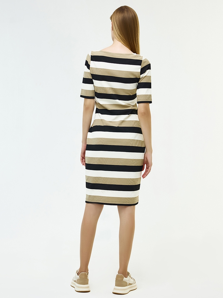 Beige white multi stripe bodycon midi