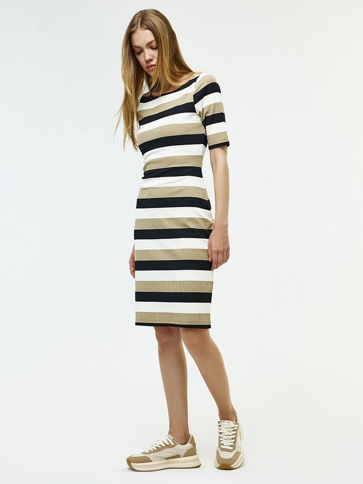 Beige white multi stripe bodycon midi