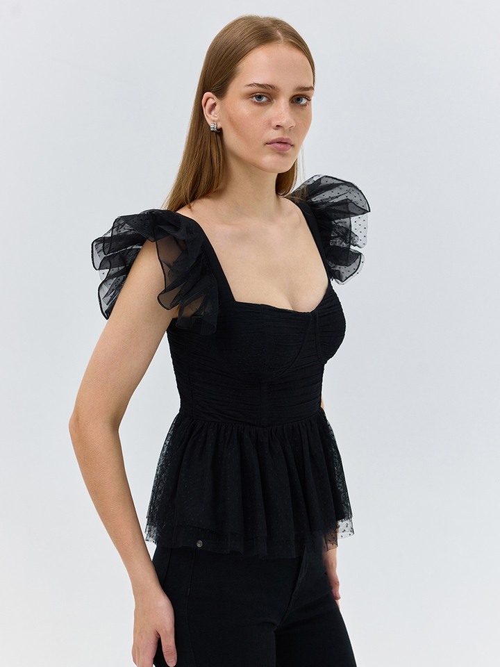 Black peplum Mesh Top
