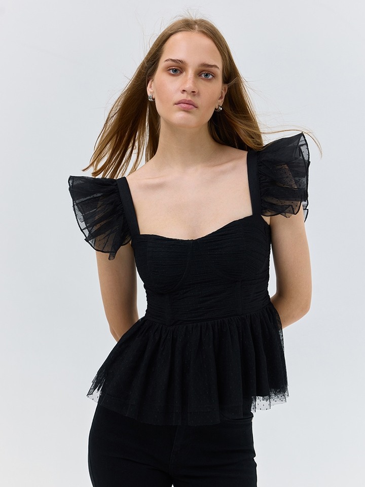 Black peplum Mesh Top