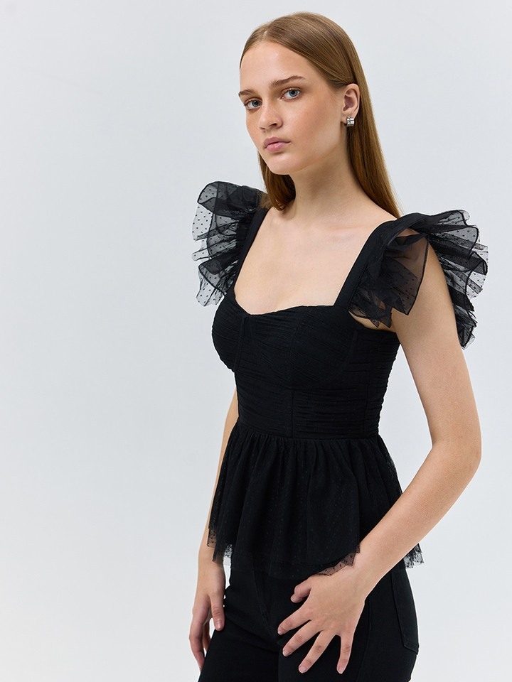 Black peplum Mesh Top