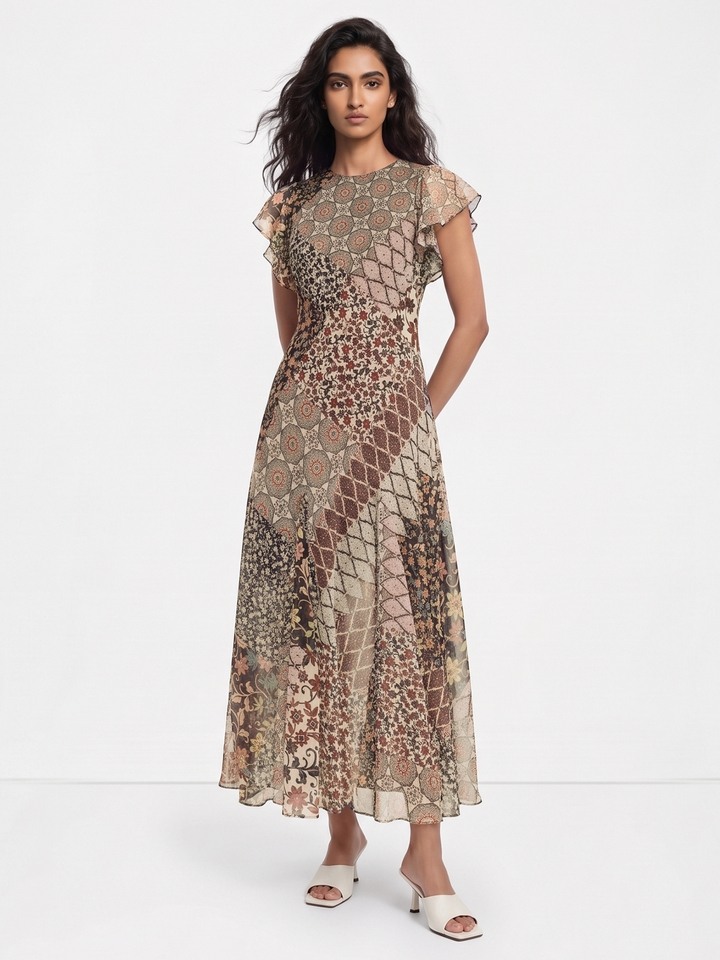 Helia Brown Printed Dress