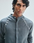 Slate Linen Embroidered Men's Raglan Shirt