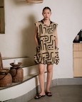 Nara Gathered Dress - Khaki Tribal Print