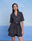 Graphite Linen Denim Front Tie Jacket And Shorts Set