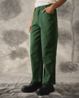 Green Linen Straight Wide Pants - Men